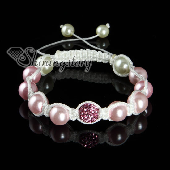 Disco ball pave beads and pearl macrame bracelets white cord